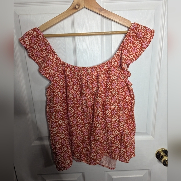 Ann Taylor Womens Top Size Medium Orange Pink Floral Flowers Off Shoulder - Picture 2 of 4